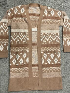 Tan and Cream Open-Front Patterned Women's Cardigan